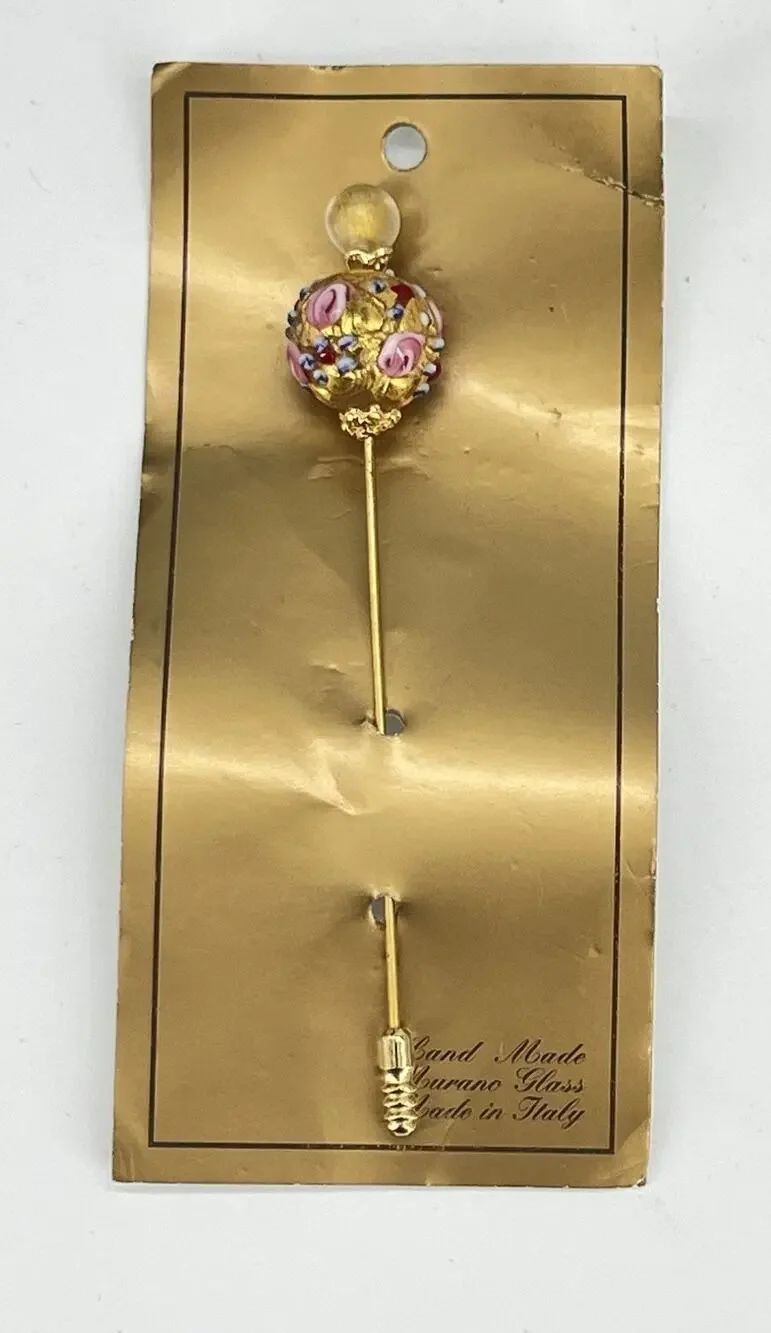 Handmade Murano Glass Hat Pin Gold Foil Floral Venetian Italy Art Glass Vintage